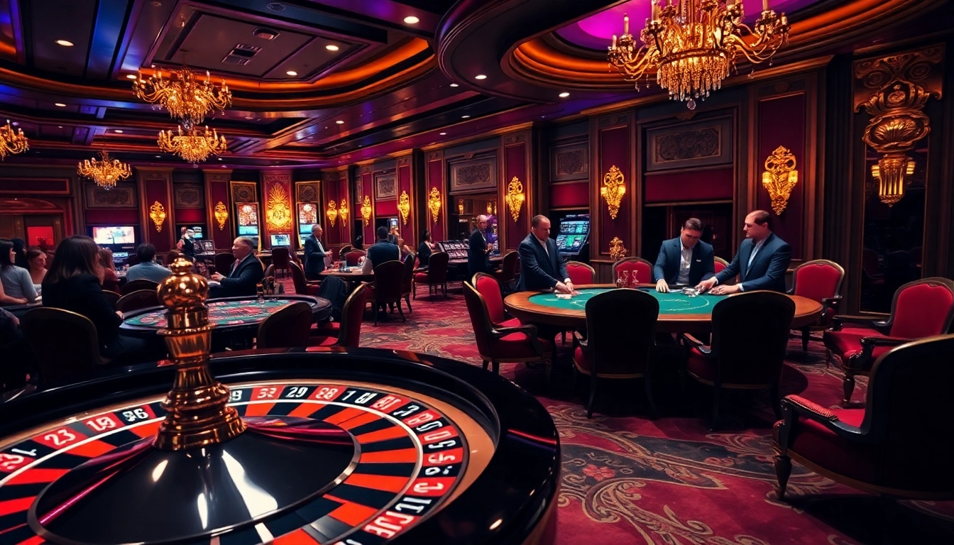 Experience thrilling moments of 98 win at an elegant casino with roulette and poker tables.