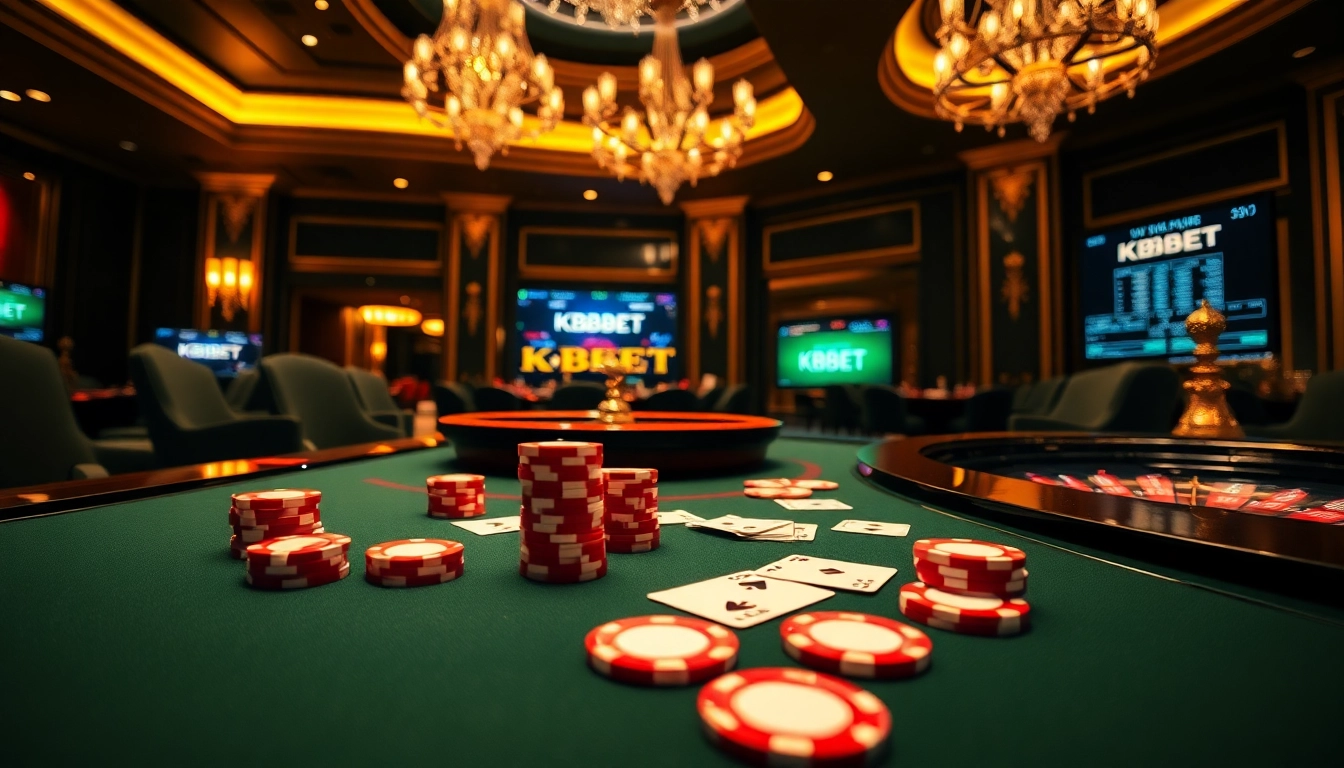 Experience KBBET online gambling with vibrant chips and cards on a luxury casino table.