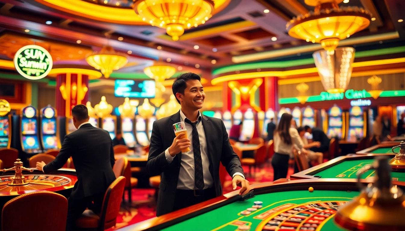 SUNWIN casino gaming scene showcasing vibrant tables and joyful players in a luxurious setting.