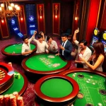 Players enjoying games at https://dn88s.net/ casino, with colorful chips and vibrant slot machines.