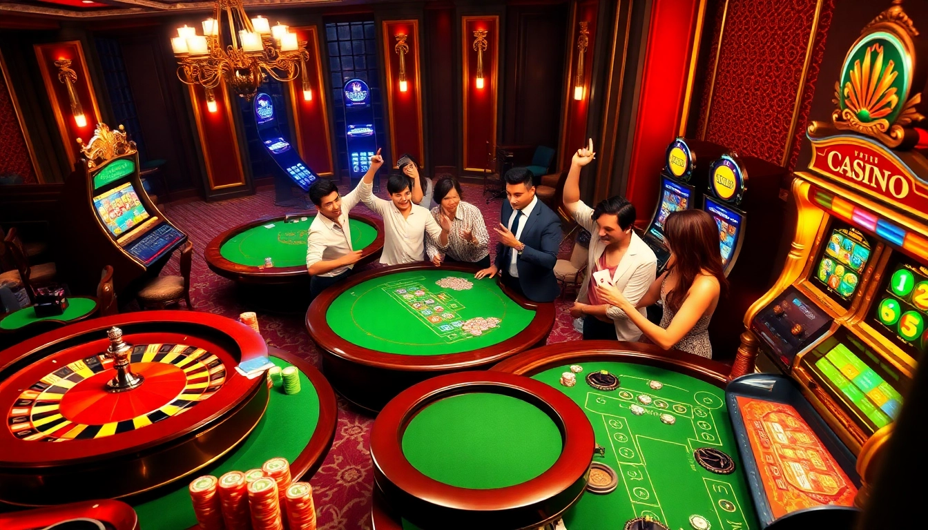 Players enjoying games at https://dn88s.net/ casino, with colorful chips and vibrant slot machines.
