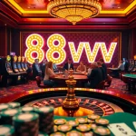 Experience the excitement of casino gaming at 88vv with vibrant roulette and poker tables.