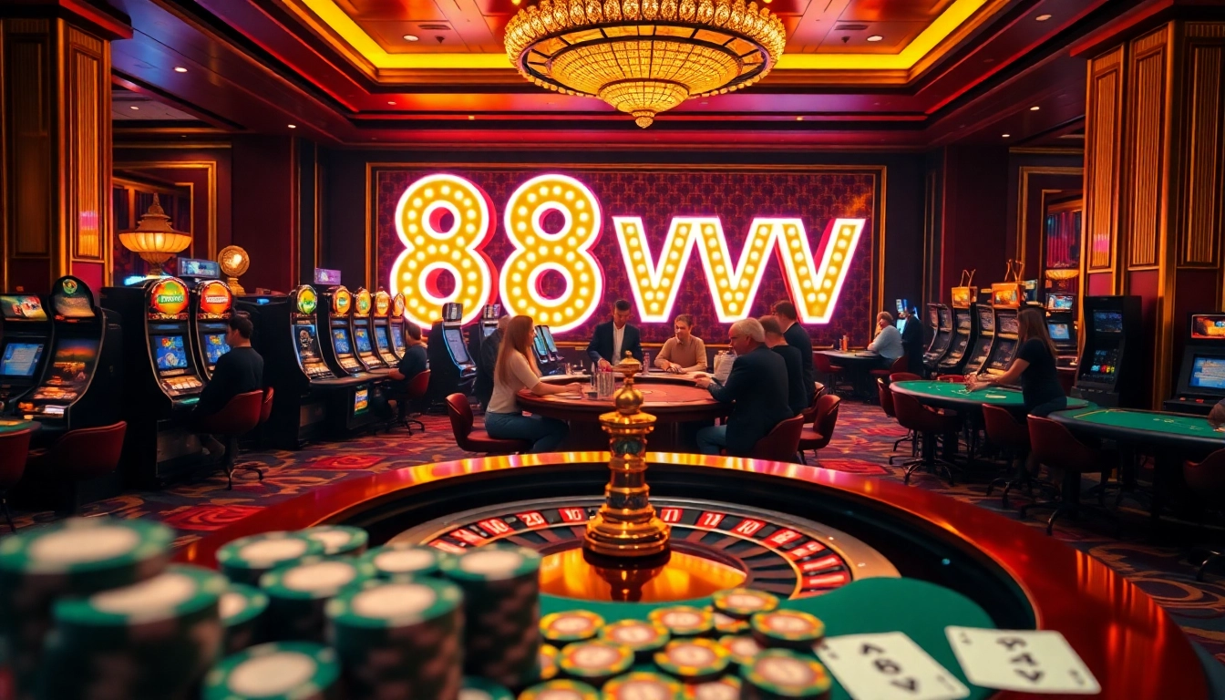 Experience the excitement of casino gaming at 88vv with vibrant roulette and poker tables.