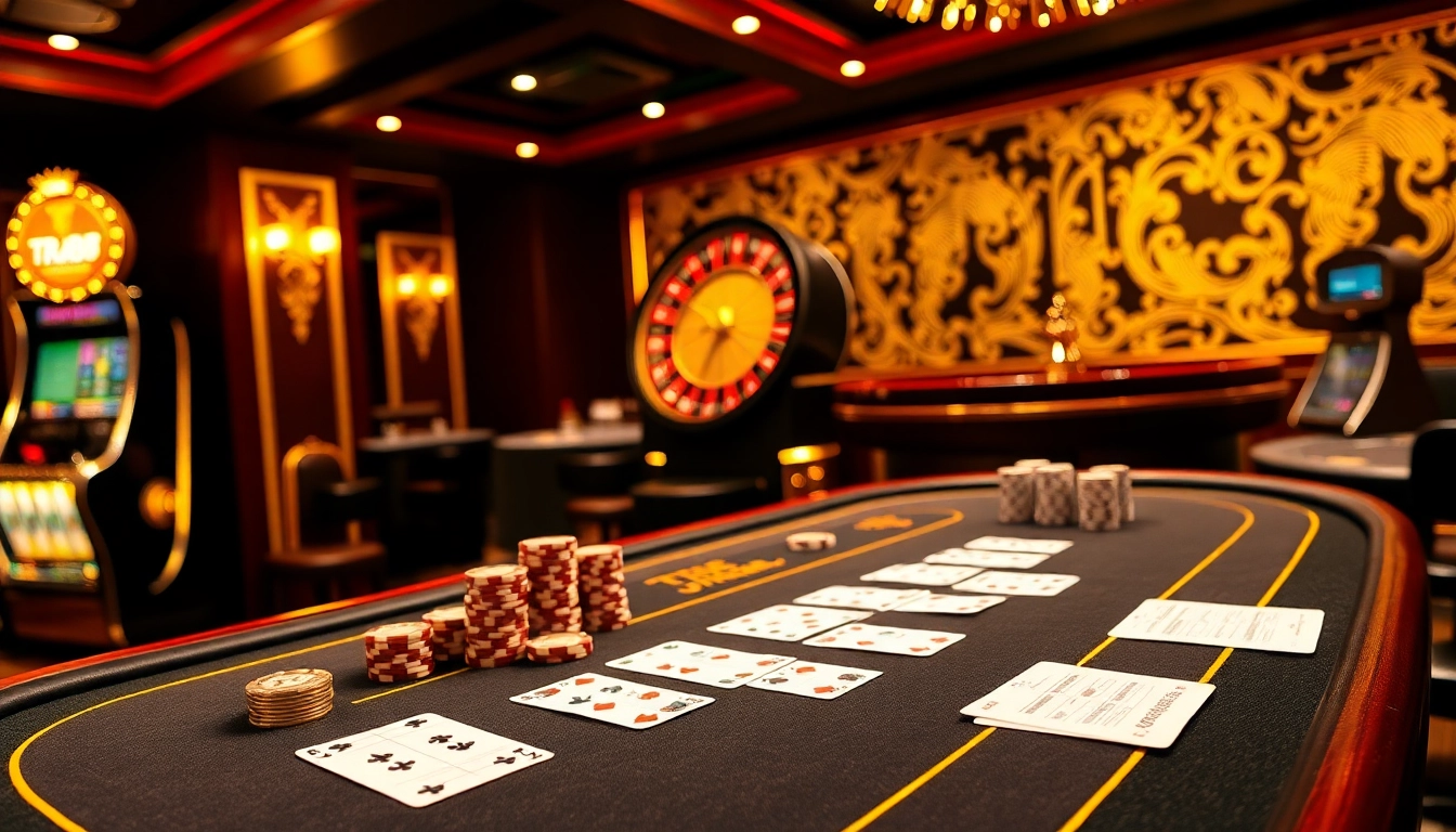 Engaging casino scene with TR88-themed poker chips and a vibrant roulette wheel.