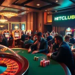 Players strategizing their moves at a HITCLUB poker table, surrounded by colorful casino elements.