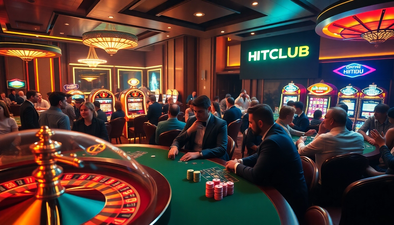 Players strategizing their moves at a HITCLUB poker table, surrounded by colorful casino elements.