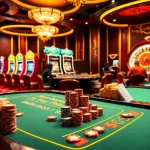 Players engaging in an exciting poker game at lu88 casino with vibrant slot machines in the background.