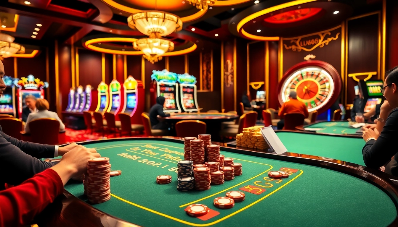 Players engaging in an exciting poker game at lu88 casino with vibrant slot machines in the background.