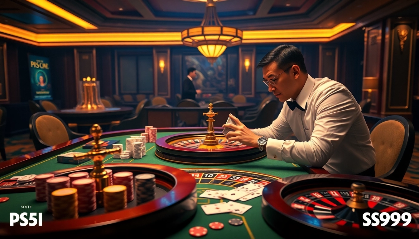 Excited gambler playing at nhà cái PS99 casino table with cards and chips.