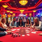 Players enjoying a heated poker game at a luxurious casino table featuring LC 88 elements amidst vibrant ambiance.