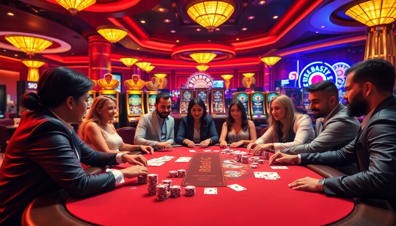 Players enjoying a heated poker game at a luxurious casino table featuring LC 88 elements amidst vibrant ambiance.