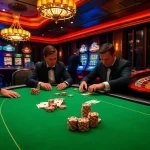 High-stakes poker at a casino with FEBET-themed elements, showcasing intense gameplay and vibrant atmosphere.