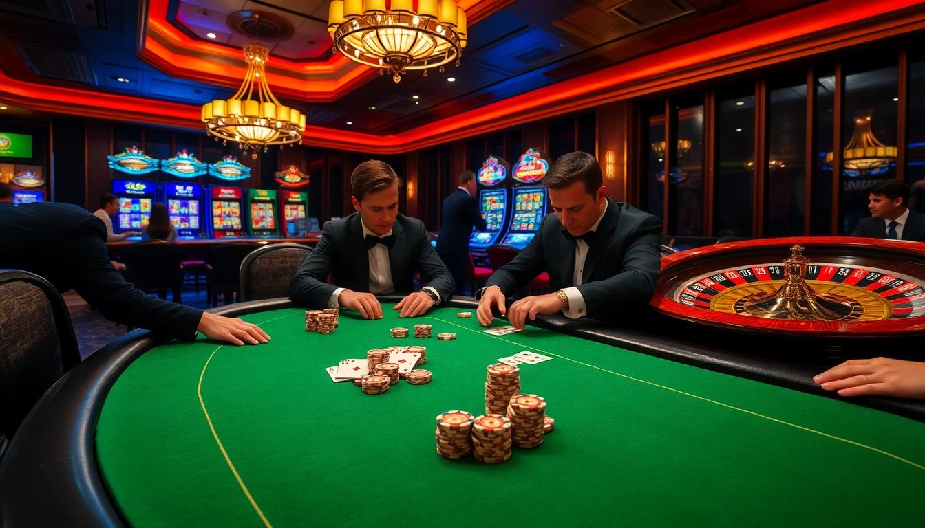 High-stakes poker at a casino with FEBET-themed elements, showcasing intense gameplay and vibrant atmosphere.