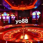Experience the thrill of gambling at yo88 with poker chips and a roulette wheel.