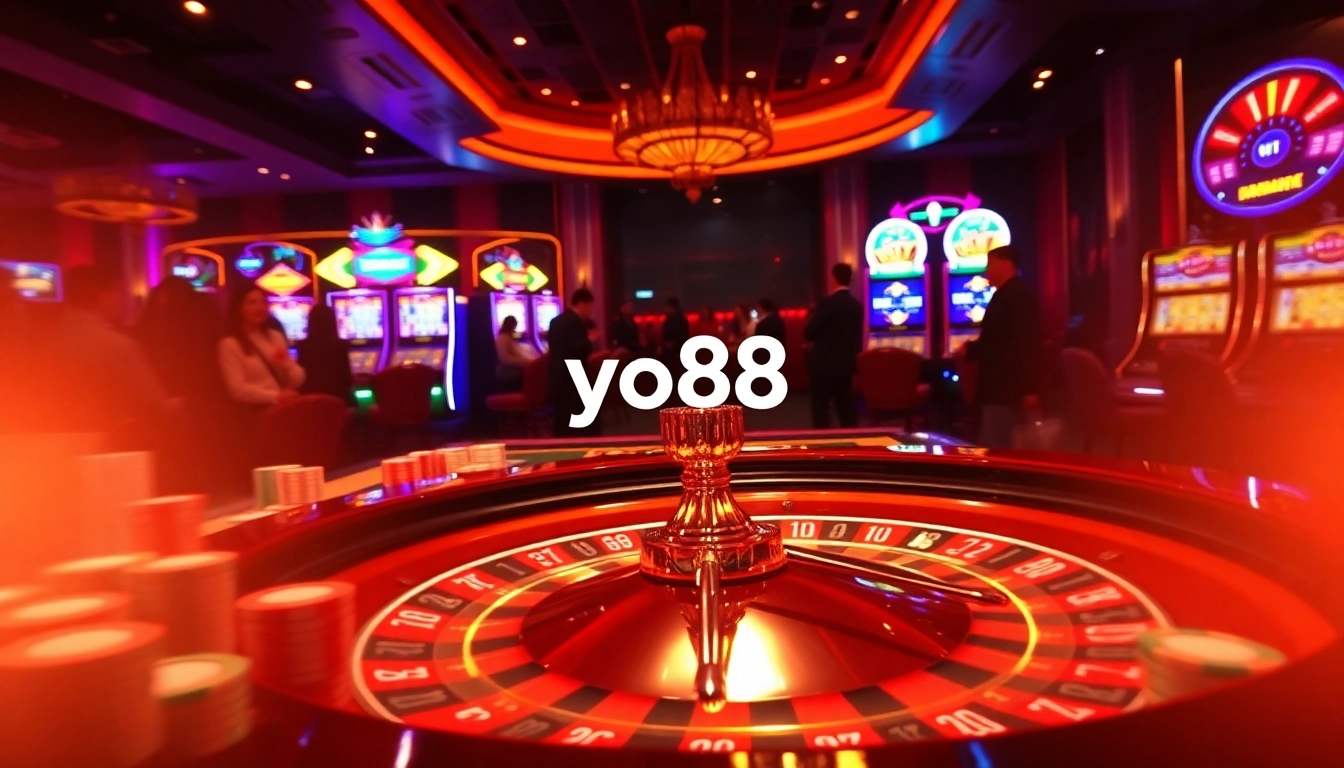 Experience the thrill of gambling at yo88 with poker chips and a roulette wheel.