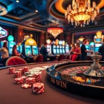 Experience the excitement of 56 WIN at a bustling casino with poker chips and roulette wheels.