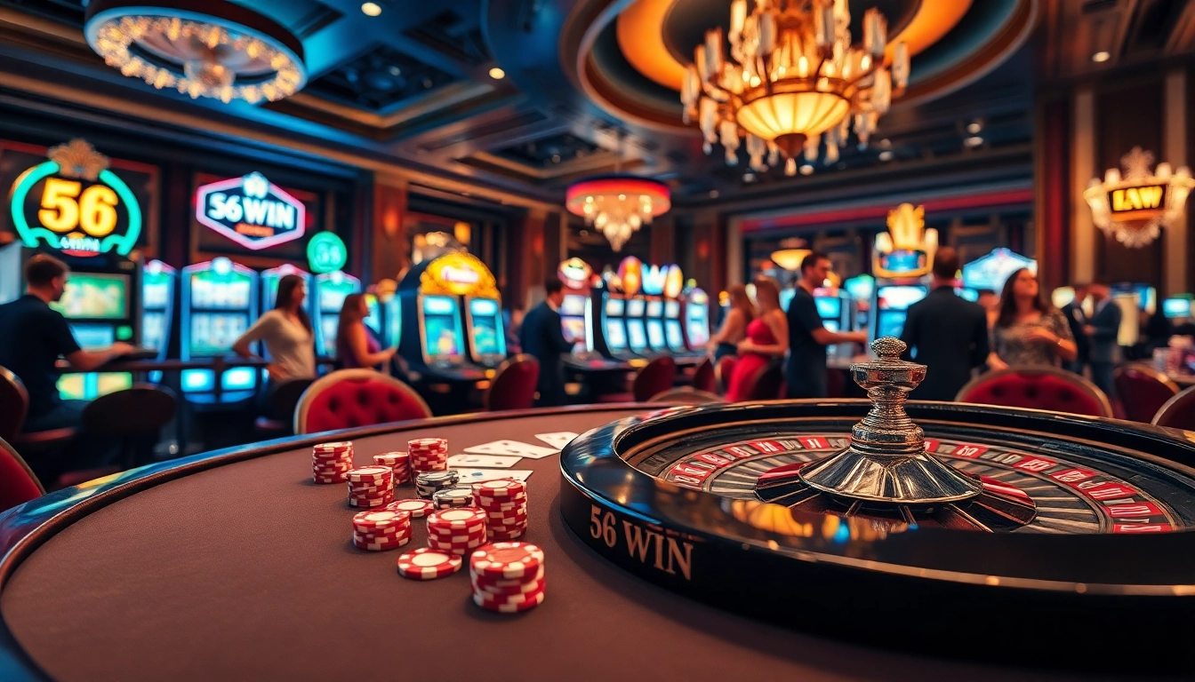 Experience the excitement of 56 WIN at a bustling casino with poker chips and roulette wheels.