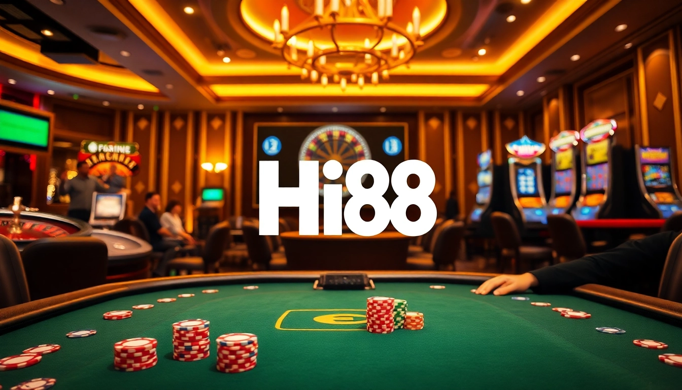 Exciting Hi88 gambling scene with poker players and casino elements reflecting luxury.