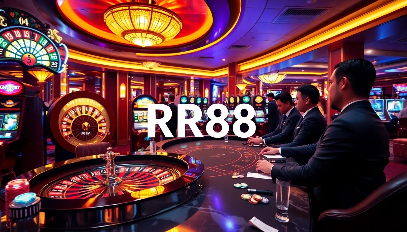 Players enjoying exciting casino games at RR88 with vibrant slot machines and poker tables.