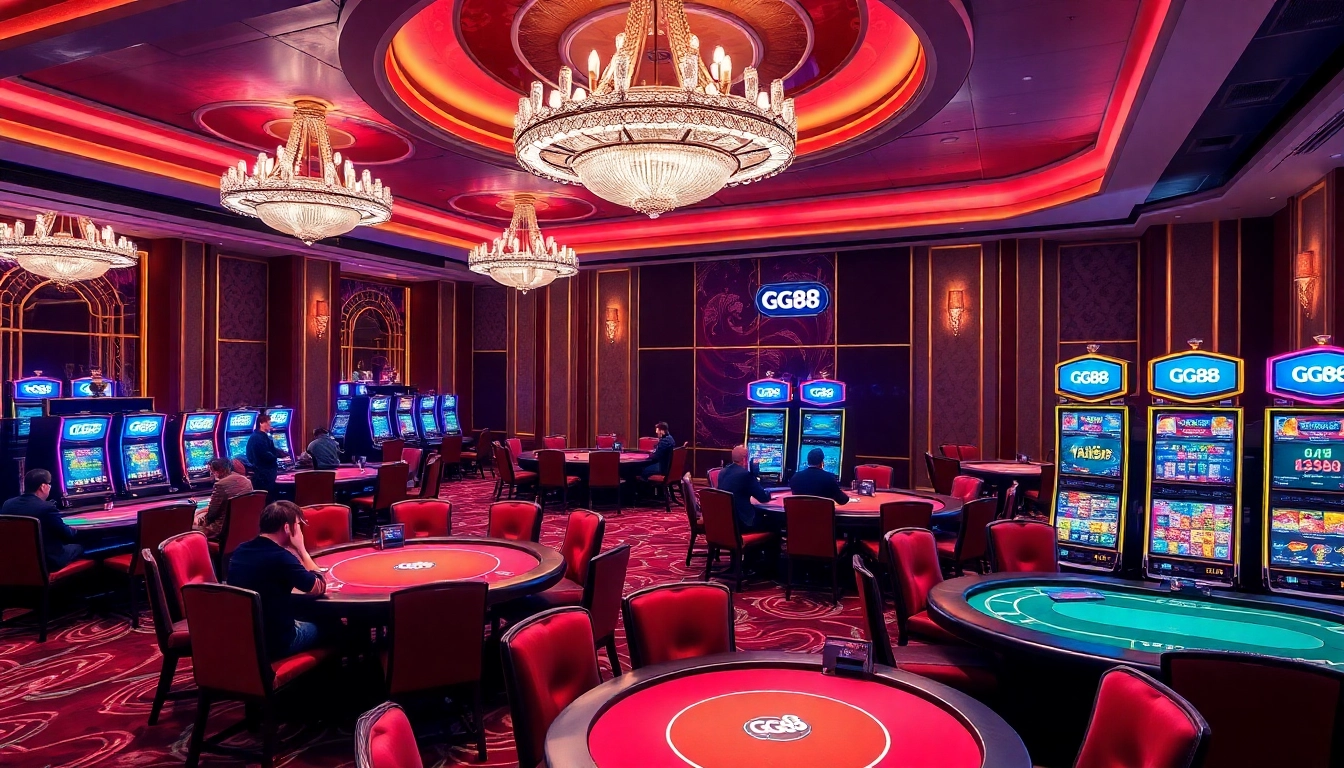 Players enjoying an immersive gaming experience at GG88 casino with vibrant tables and slot machines.