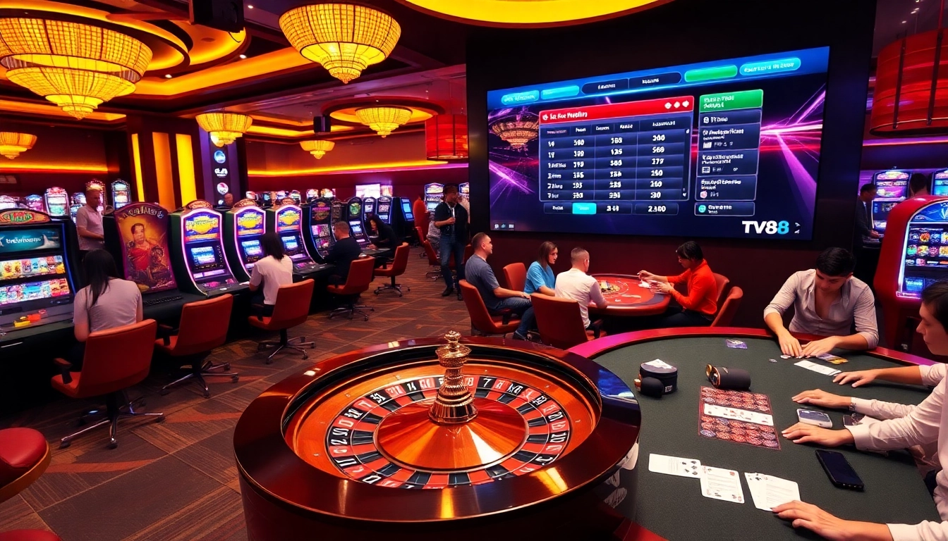 TV88 players engaging in a thrilling online casino experience with vibrant roulette and slot machines.
