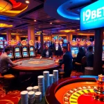 I9BET players engaging in a thrilling poker game amidst a vibrant casino atmosphere.