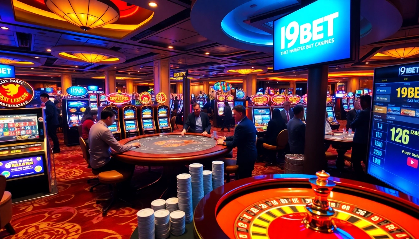 I9BET players engaging in a thrilling poker game amidst a vibrant casino atmosphere.
