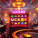 Players enjoying the LUCK88 slot machine with vibrant reels and casino ambiance.
