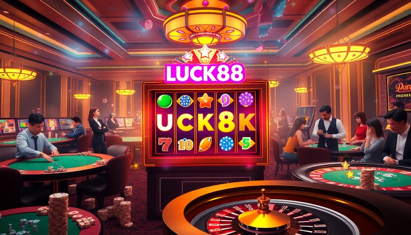 Players enjoying the LUCK88 slot machine with vibrant reels and casino ambiance.
