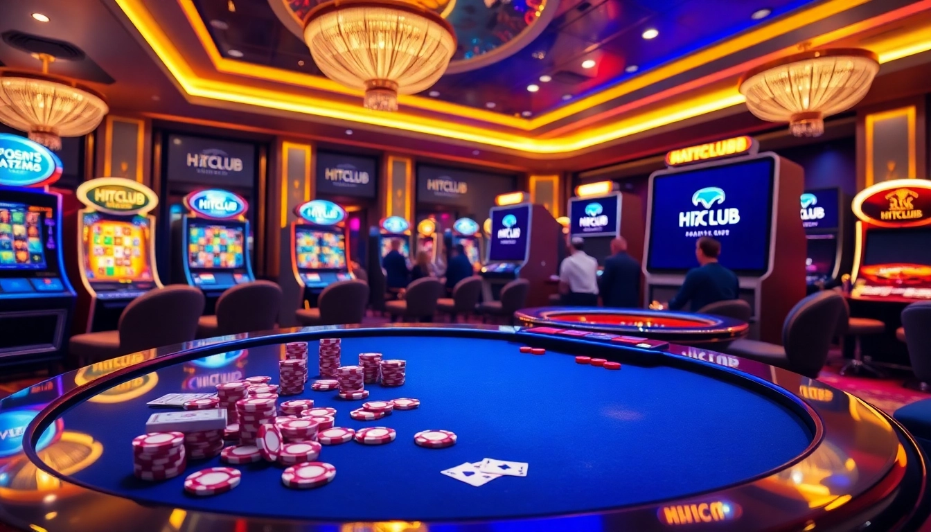 Exciting gaming experience at HITCLUB casino with vibrant slot machines and poker tables.