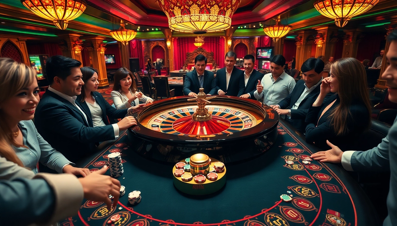 Experience the thrill of king888 at an elegant casino featuring a lively roulette table with players.