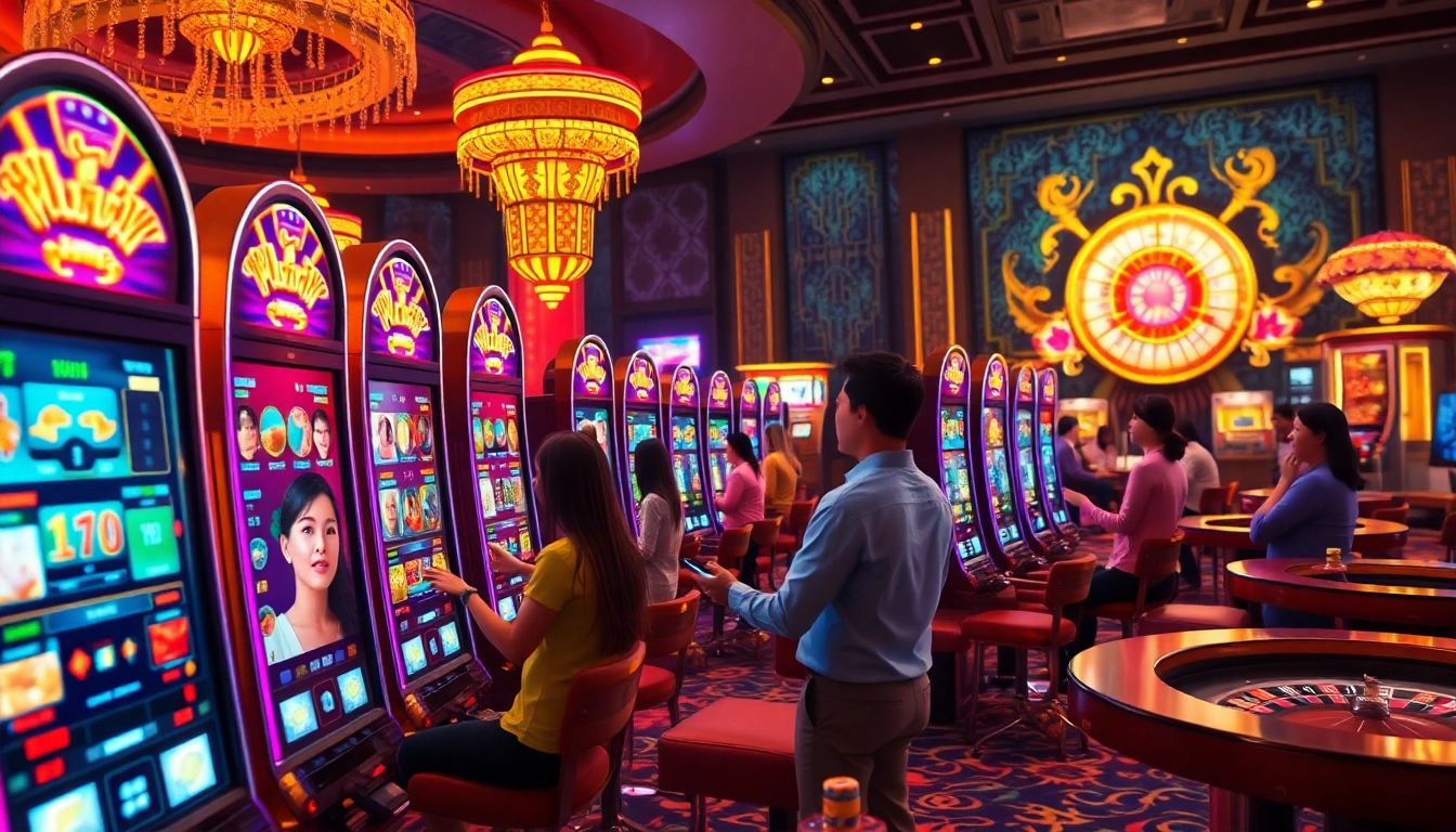 Engaging players at nổ hũ slot machines in a luxury casino atmosphere.