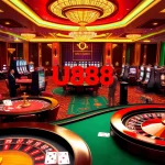 Engaging scene at U888 casino showcasing excitement with poker chips, cards, and a roulette wheel.