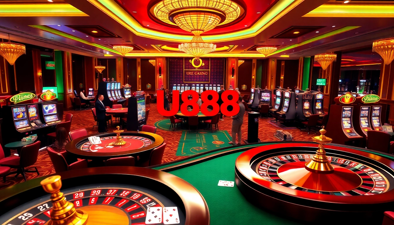 Engaging scene at U888 casino showcasing excitement with poker chips, cards, and a roulette wheel.