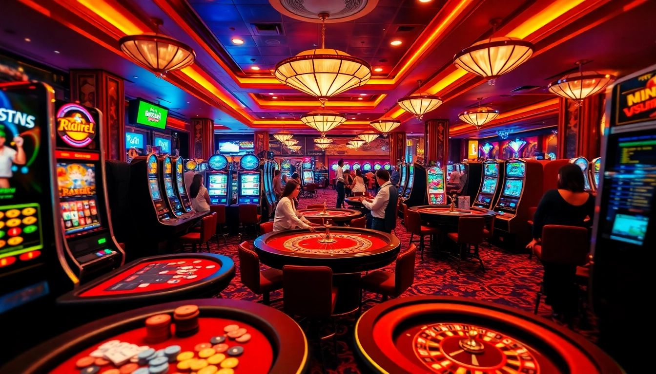 Players enjoying the thrilling atmosphere of http://luck8f.cn.com/ casino with vibrant tables and slot machines.