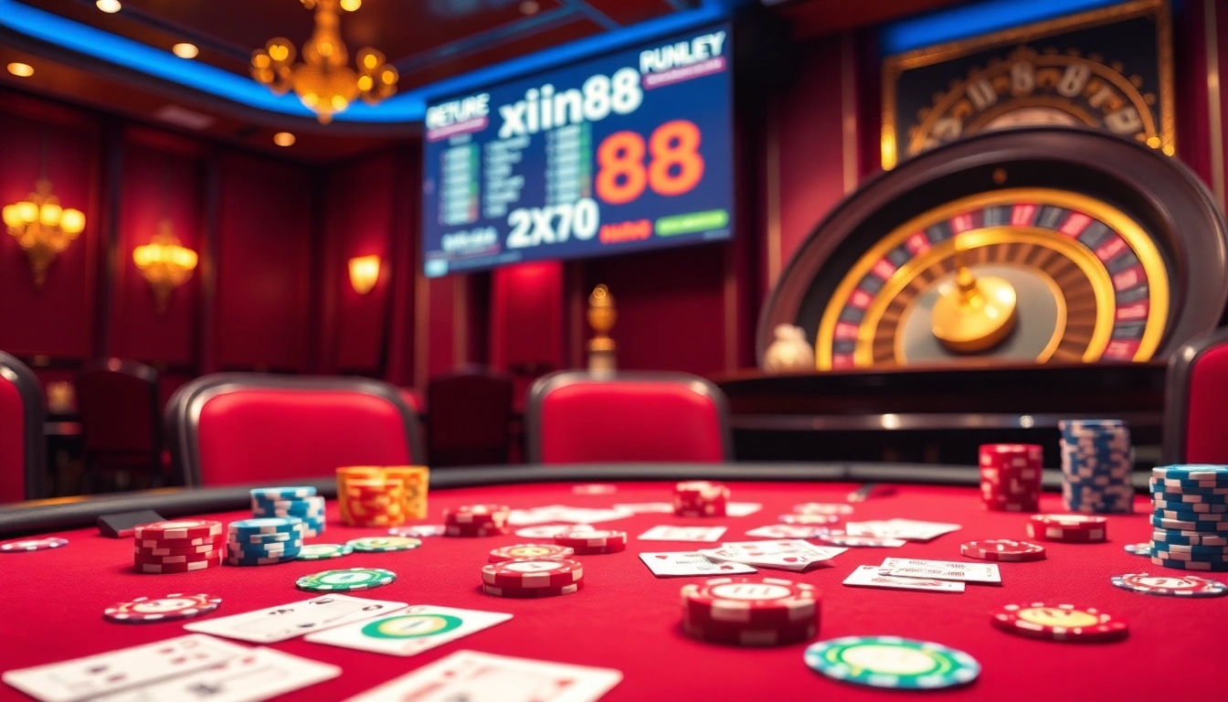 Exciting gambling session at xin88 casino with poker chips and roulette wheel.