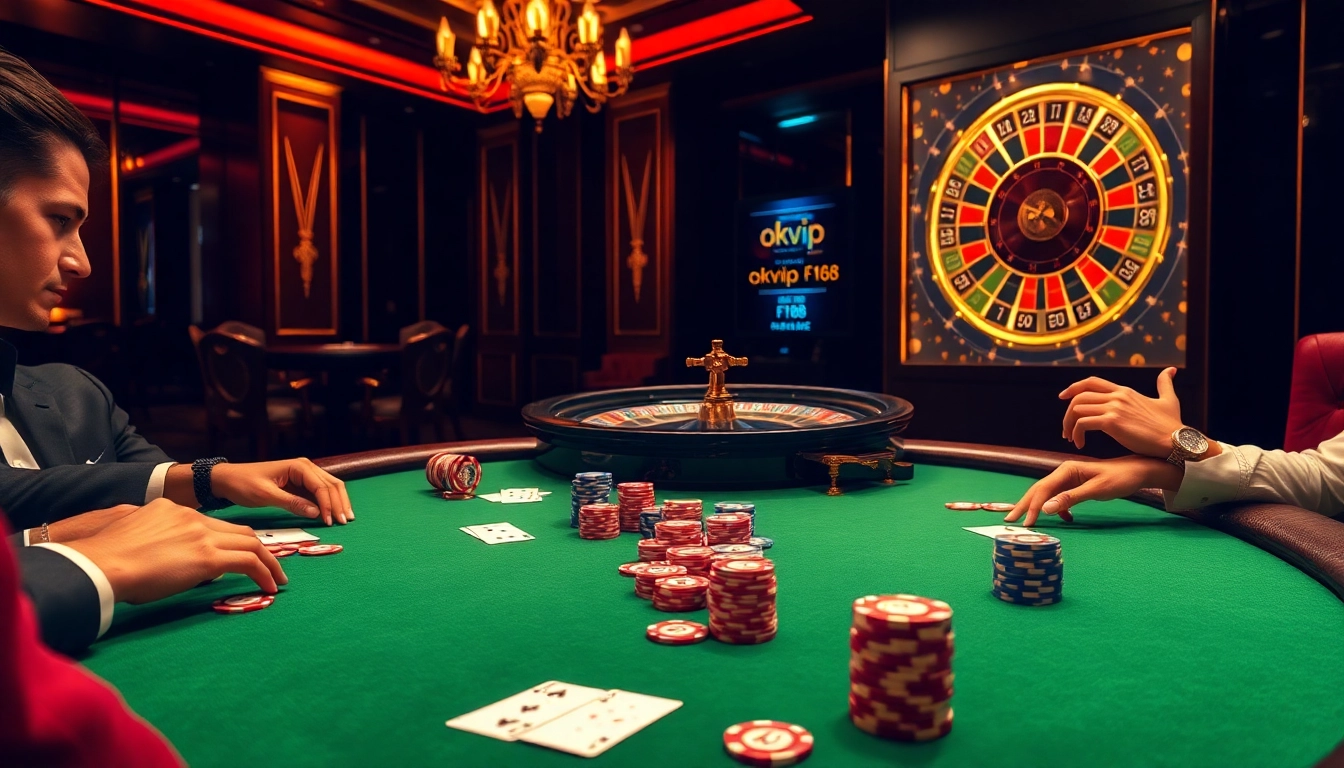 Engaged players at a polished poker table showcasing okvip f168 in a luxurious casino scene.