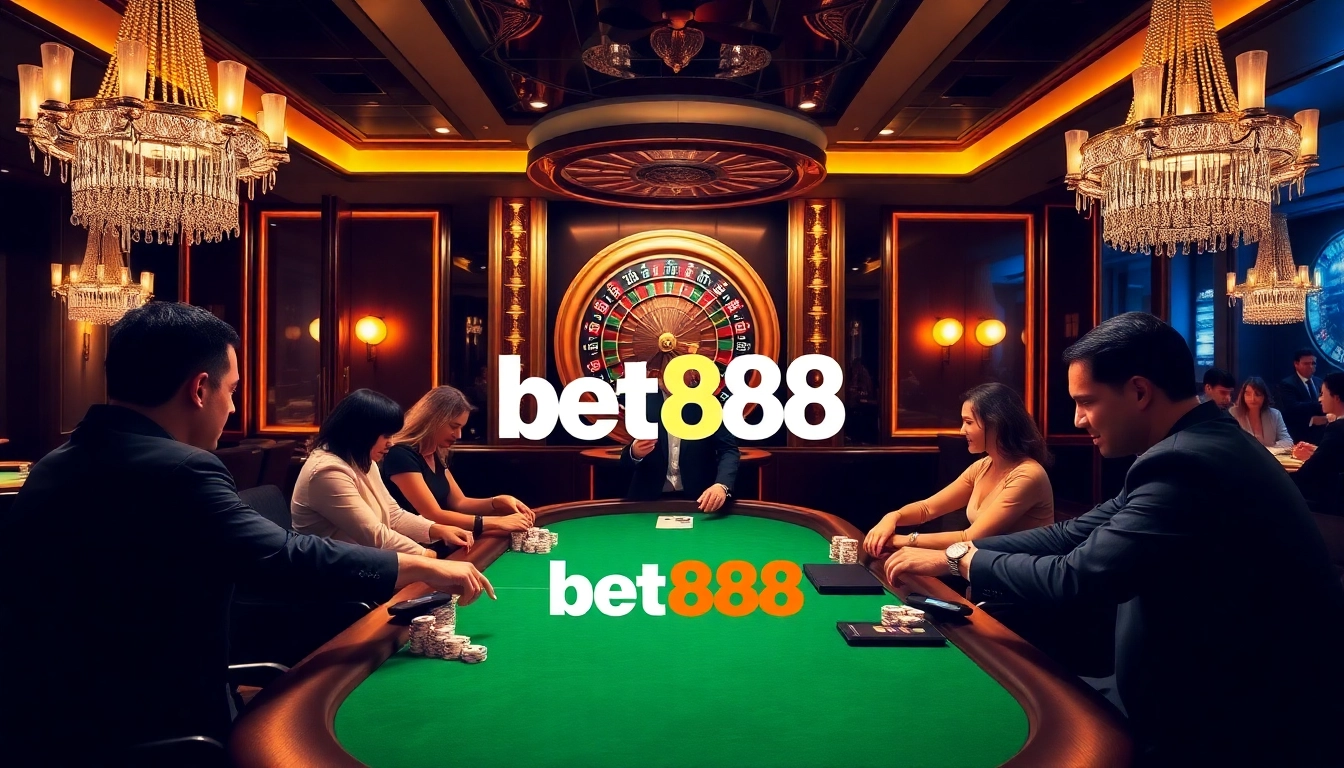 Engage in high-stakes poker with Bet888 at a luxurious casino table filled with excitement.