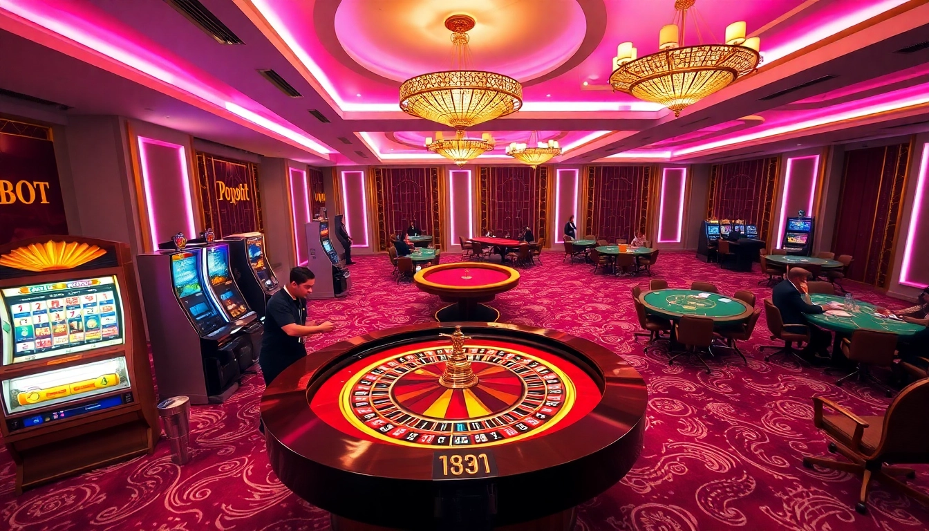 Experience thrilling gameplay at https://xx88.pro/ with a vibrant casino scene showcasing roulette and slot machines.