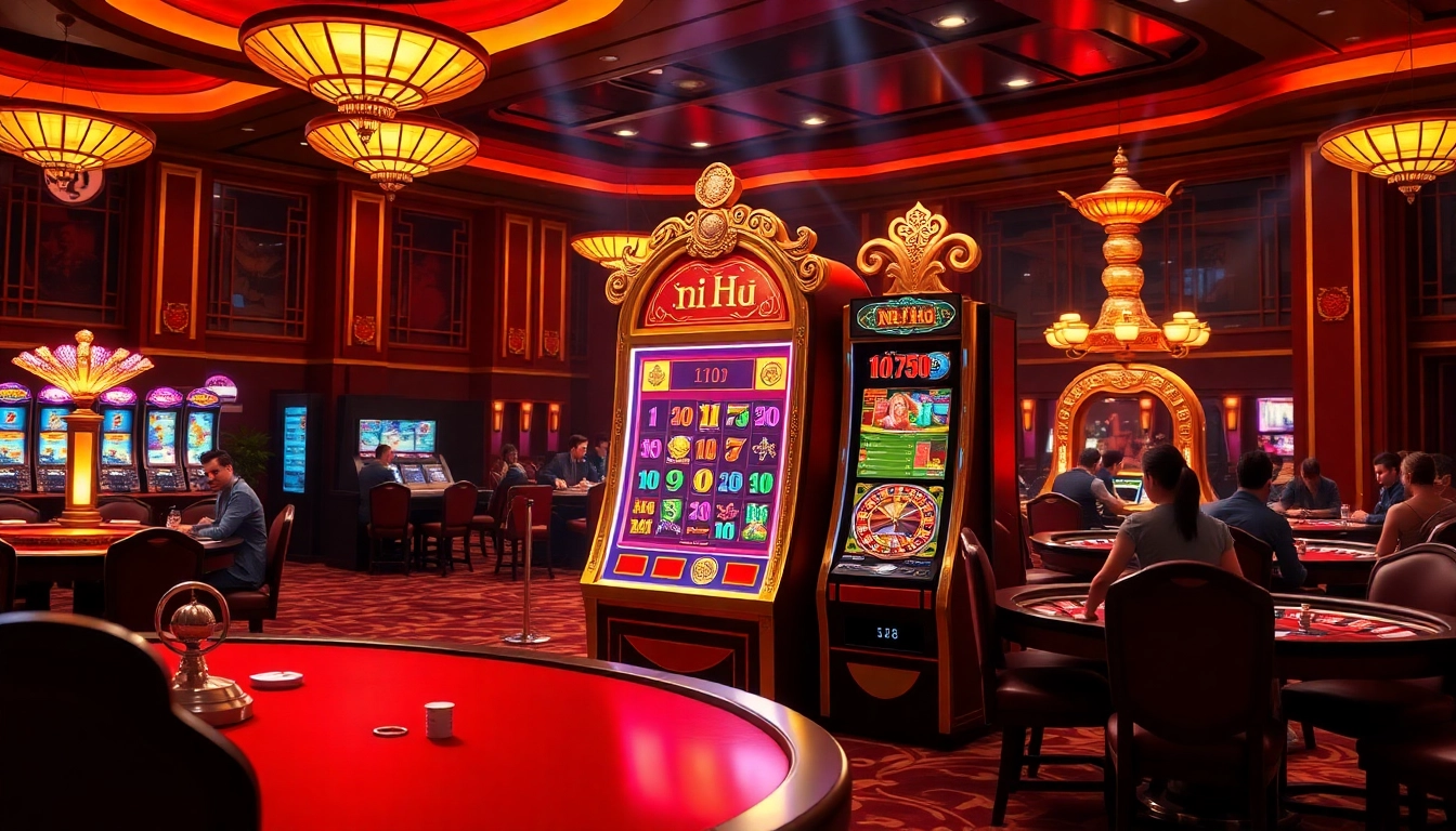 Exciting scene of a luxury casino featuring the nổ hũ slot machine surrounded by engaged players.