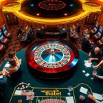 Experience the thrill of tha bet at an elegant casino with roulette and vibrant players.