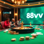 88vv casino table showcasing vibrant chips and cards in a luxurious gambling scene.
