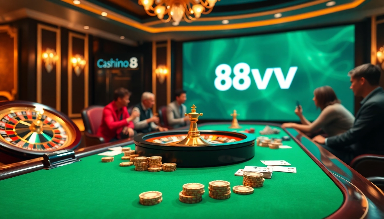 88vv casino table showcasing vibrant chips and cards in a luxurious gambling scene.