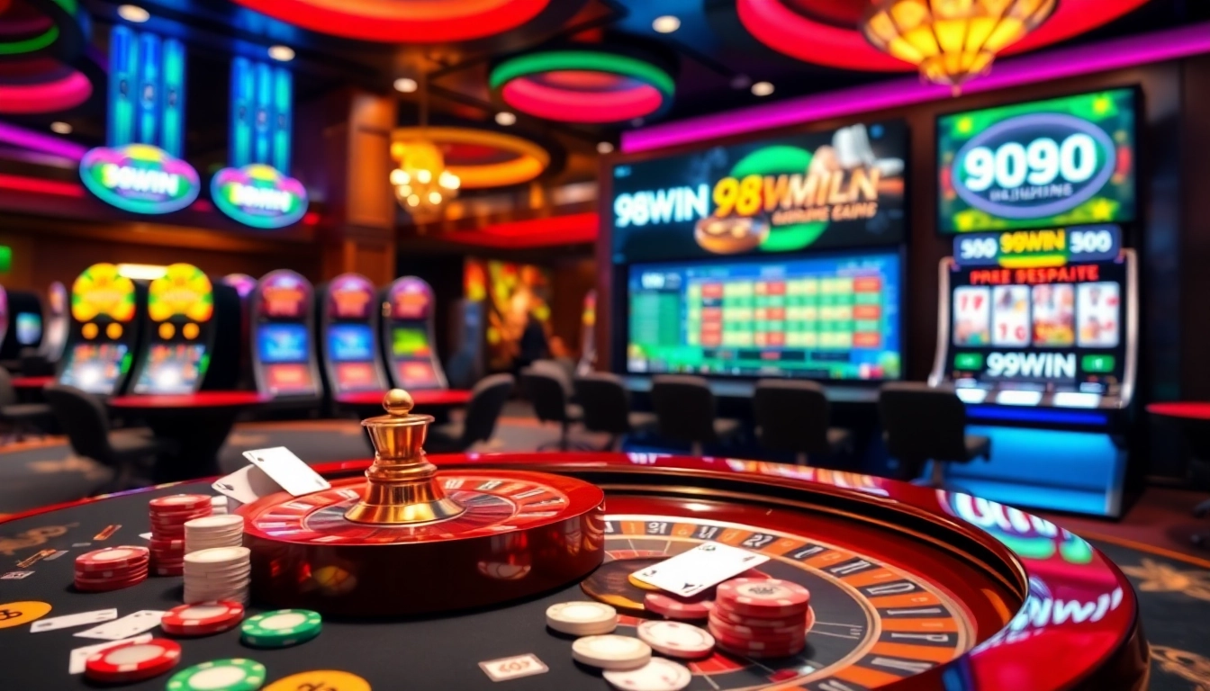 Players engaging in exciting casino games featuring the dynamic 98WIN interface with poker chips and cards.