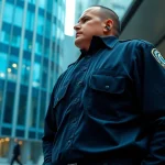 Hire security guard standing at an office entrance ensuring safety and professionalism.