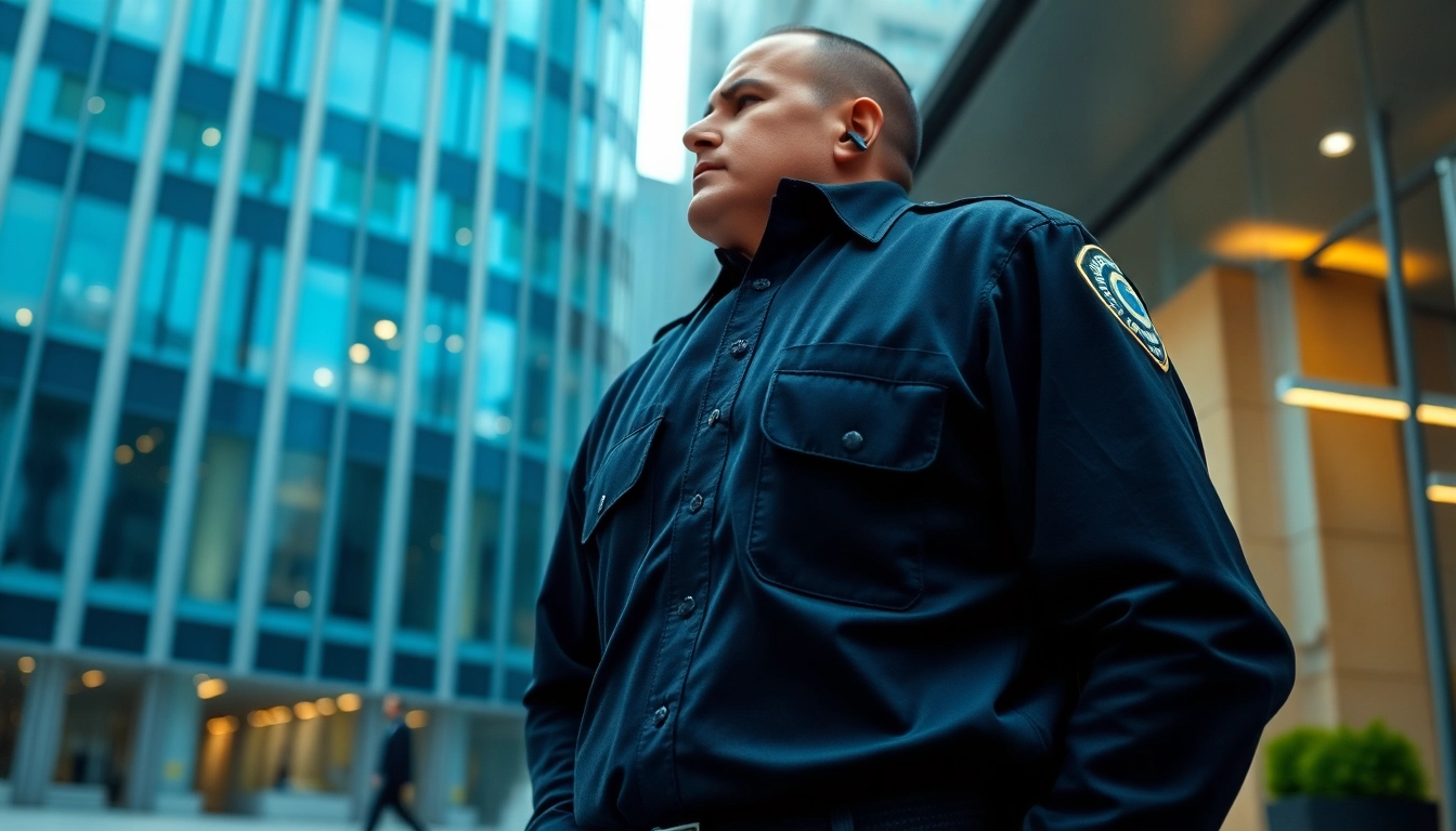 Hire security guard standing at an office entrance ensuring safety and professionalism.