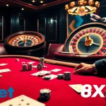 Intense poker action at an 8xbet casino table with players showcasing high-stakes betting strategies.