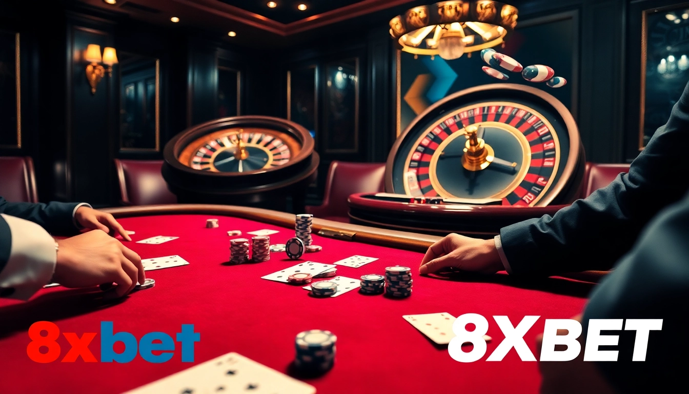 Intense poker action at an 8xbet casino table with players showcasing high-stakes betting strategies.
