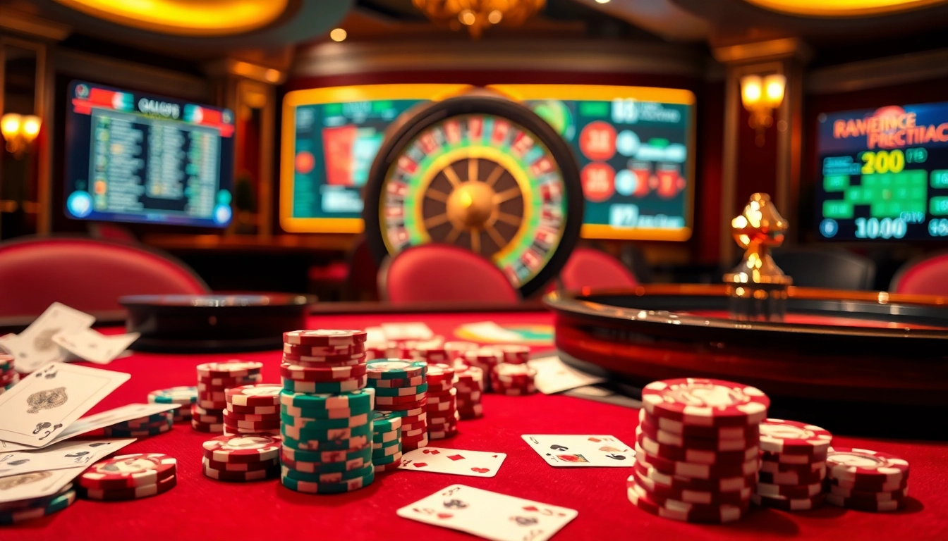 Experience thrilling gameplay at https://vj88vn.com/ with vibrant poker chips and a dazzling roulette wheel.