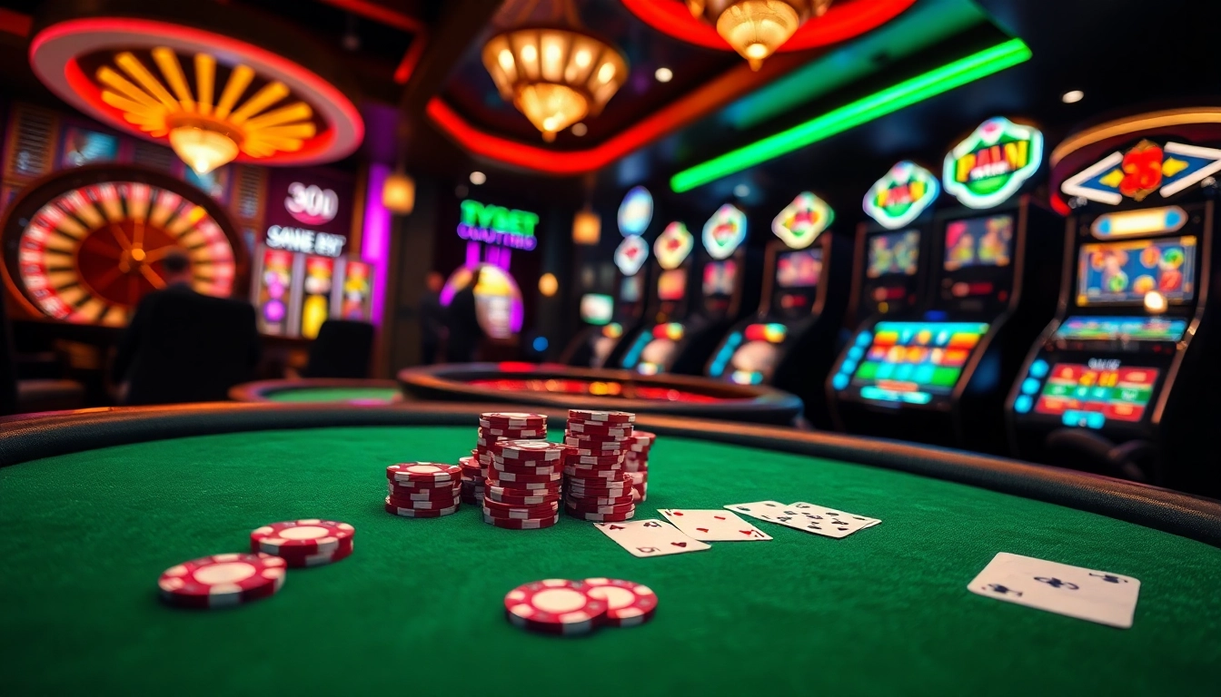 Experience the excitement of i9bet with vibrant casino elements like poker tables and roulette wheels.